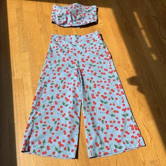 Cherry print 2 piece tube top and wide leg pant set by Maeve/Anthropologie - Picture 2 of 5